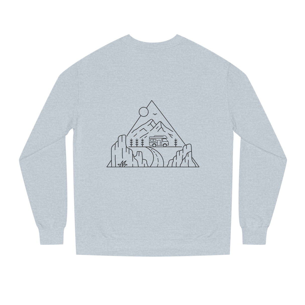 Gray Road Trip Sweatshirt from the Nature Series with "Nowhere to Be. Everywhere to Go." print, casual and comfortable for travel.