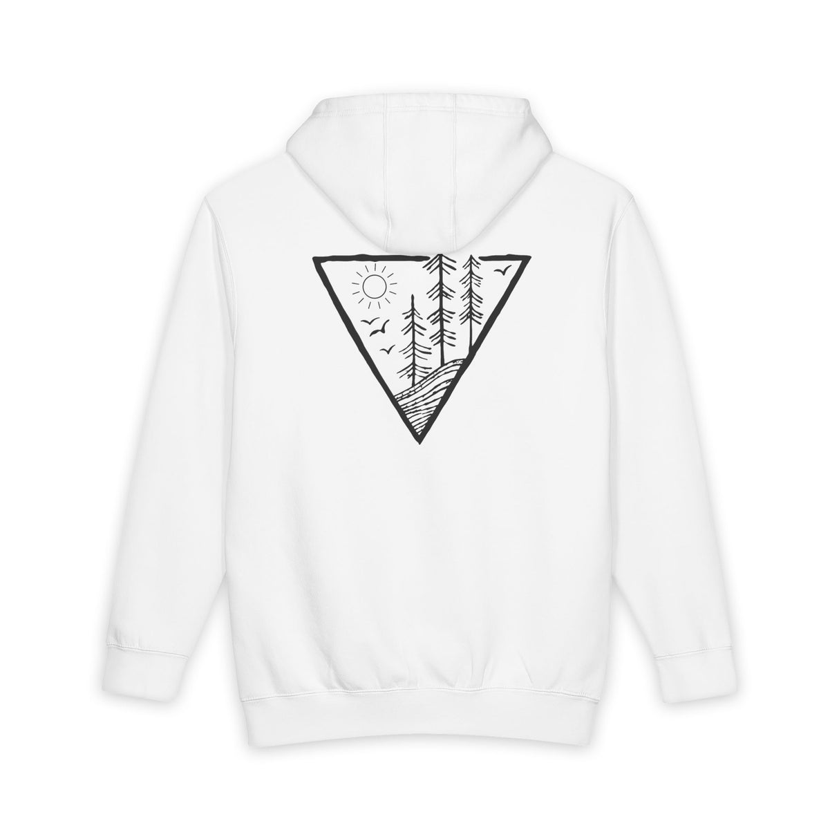 White hoodie with a black geometric design on the back against a white background