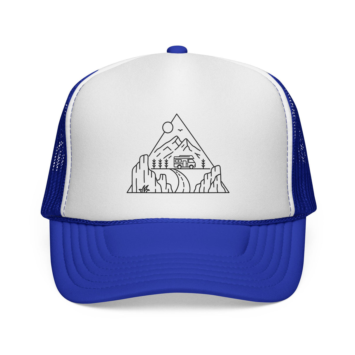 Printify Road Trip Trucker Hat from the Nature Series featuring the phrase "Nowhere to Be. Everywhere to Go."