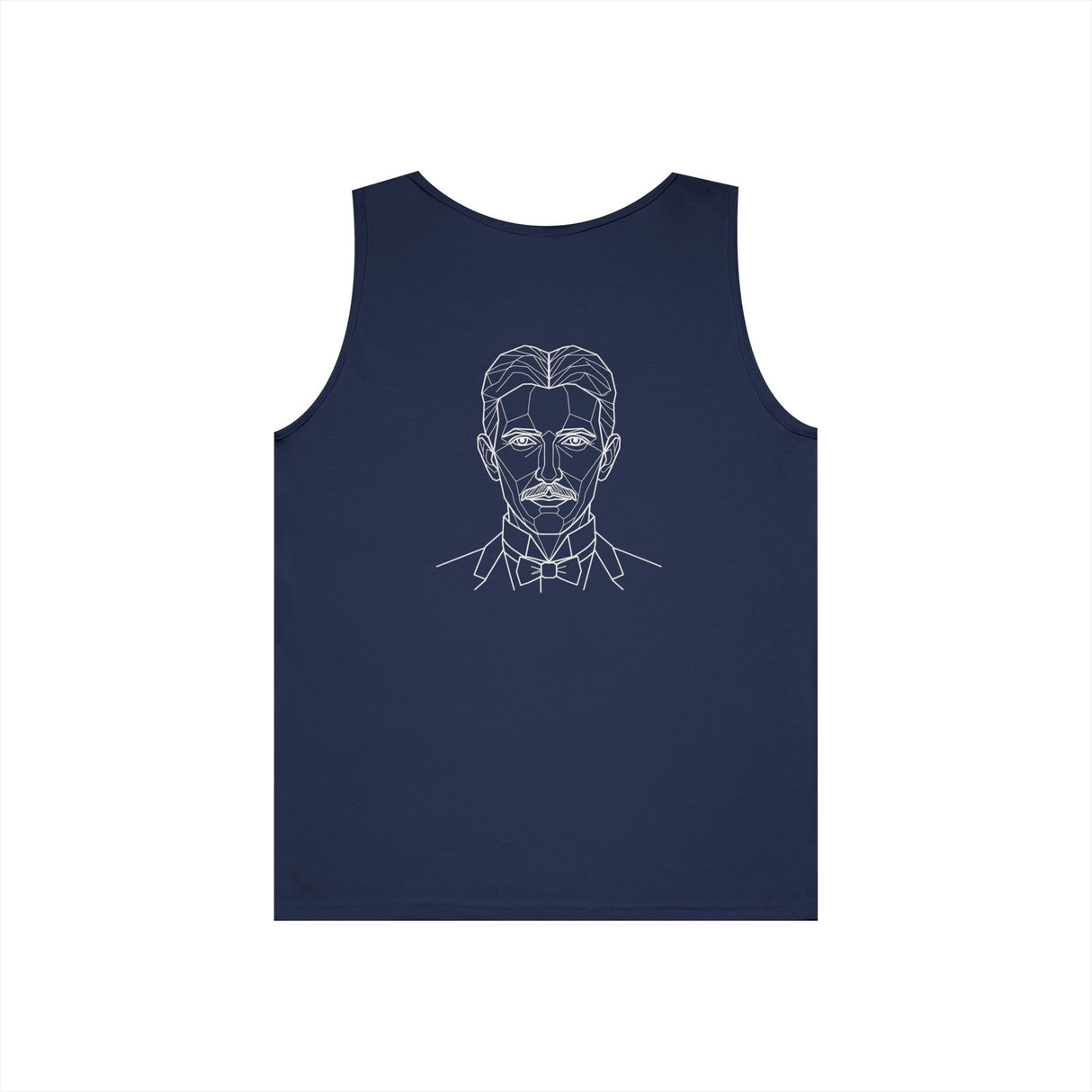 N. Tesla tank top from Visionaries Series by Printify featuring energy, frequency, and vibration quote printed on a sleeveless top.