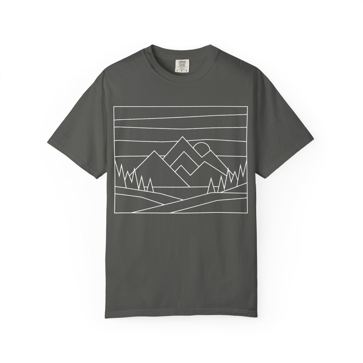 Printify Mountain Tee T-shirt from the Nature Series featuring a mountain graphic and the phrase "Built by Nature. Shaped by Choice."