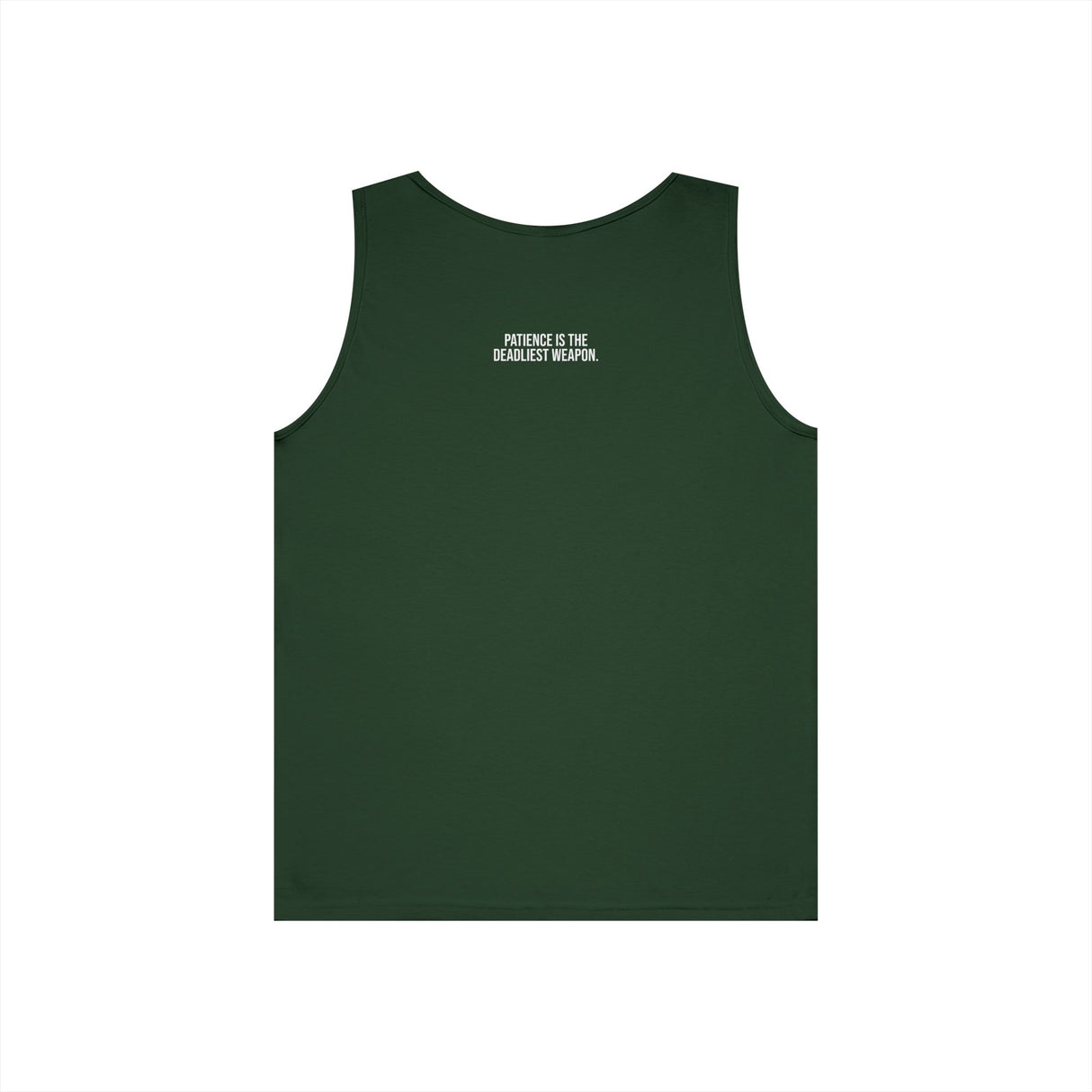 Cobra Tank Top from Printify's Geometric Animal Series featuring a bold snake graphic and the phrase "Patience is the Deadliest Weapon."