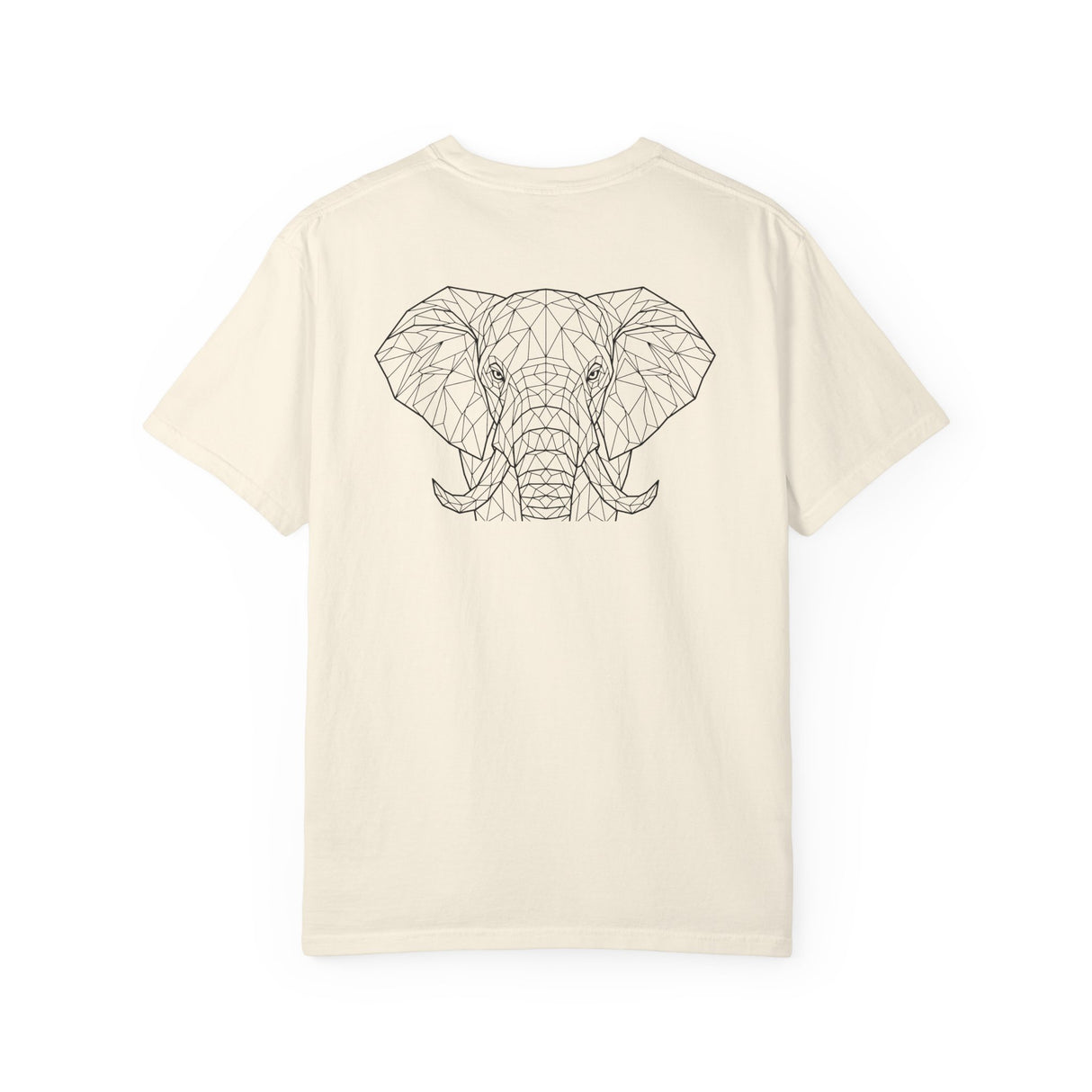 Gray elephant graphic T-shirt by Printify featuring geometric design and the quote "Thick Skin. Soft Heart." on the front.