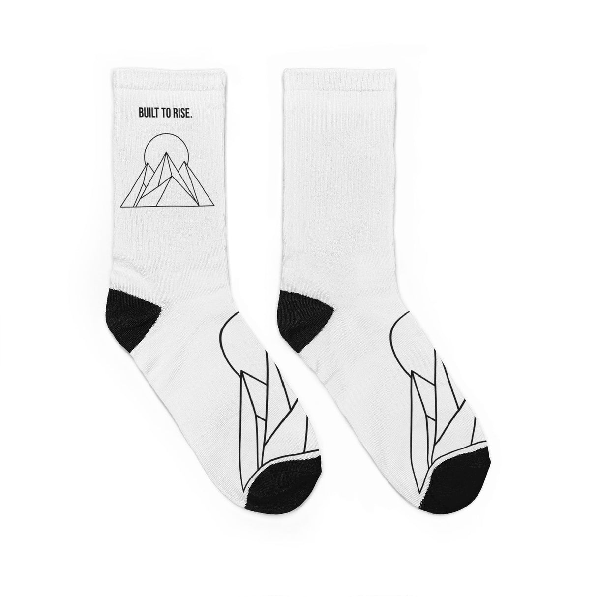 White socks with black geometric designs and text on a white background