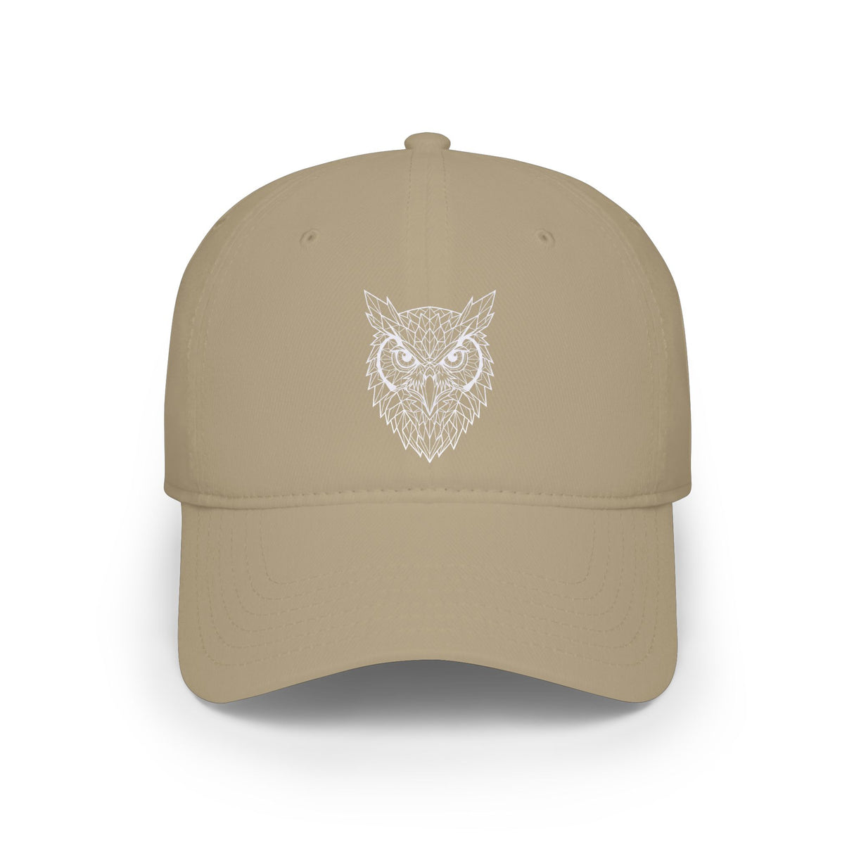 Beige cap with a white owl design on a white background