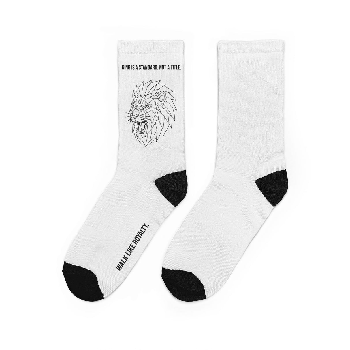 Lion geometric crew socks with all-over print featuring a bold lion graphic and the phrase "King Is a Standard Not a Title" by Printify.