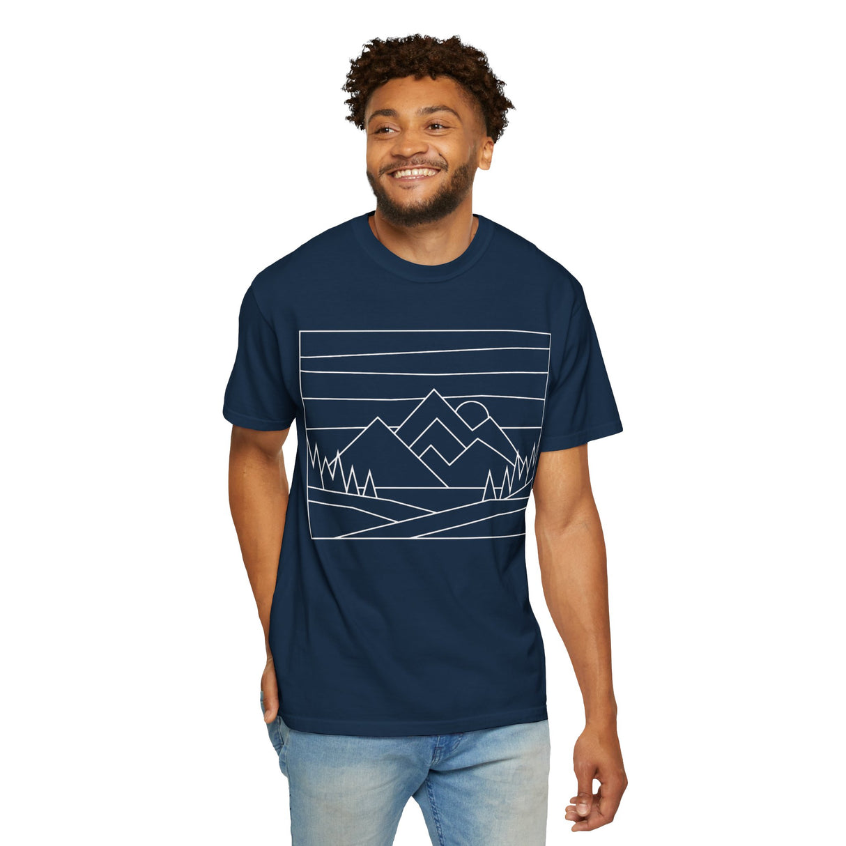 Printify Mountain Tee T-shirt from the Nature Series featuring the slogan "Built by Nature. Shaped by Choice." displayed on the front.