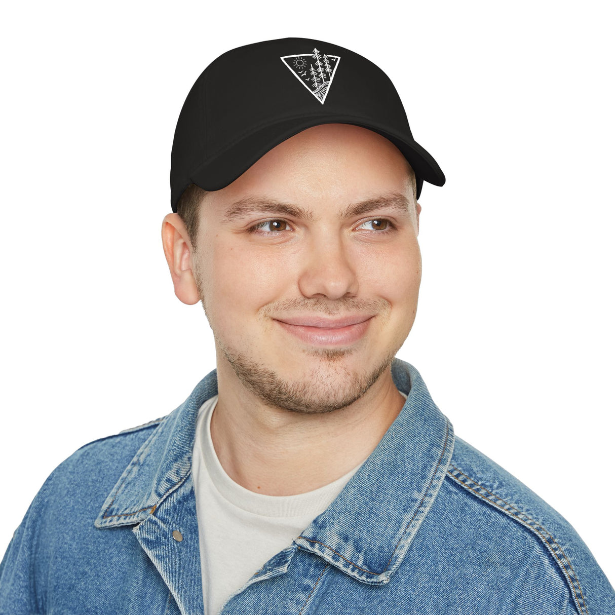Forest-themed baseball cap with "Deep Roots. High Rise." print from the Nature Series by Printify, featuring earthy tones and adjustable fit.