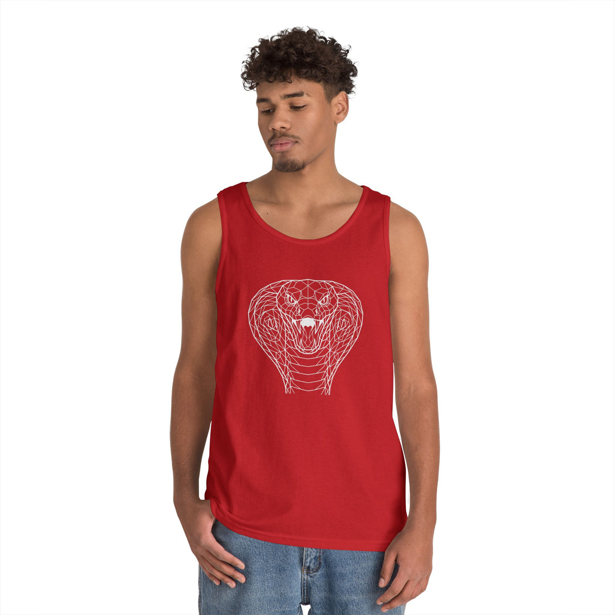 Gray Cobra Tank Top from Printify's Geometric Animal Series with "Patience is the Deadliest Weapon" graphic design.