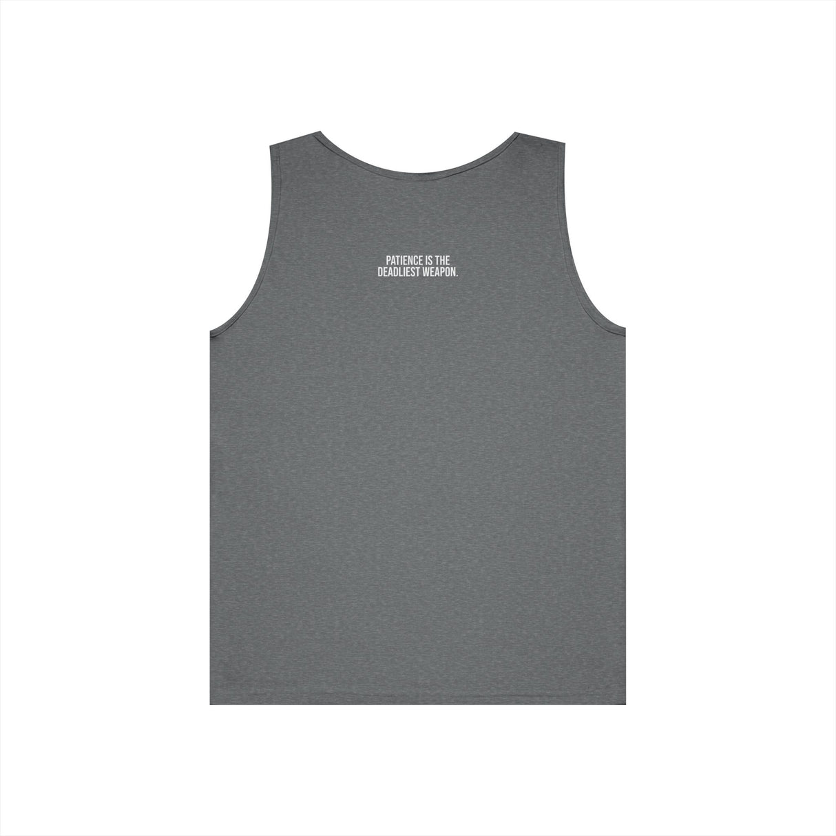 Gray Cobra Tank Top from Printify's Geometric Animal Series featuring a snake illustration and the phrase "Patience is the Deadliest Weapon."