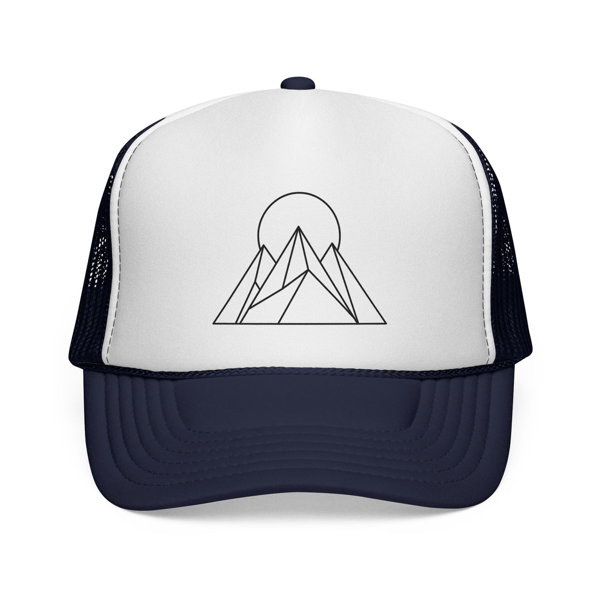 Printify Peak Trucker Hat from the Nature Series with "Built to Rise" slogan, featuring mesh back and adjustable snap closure.