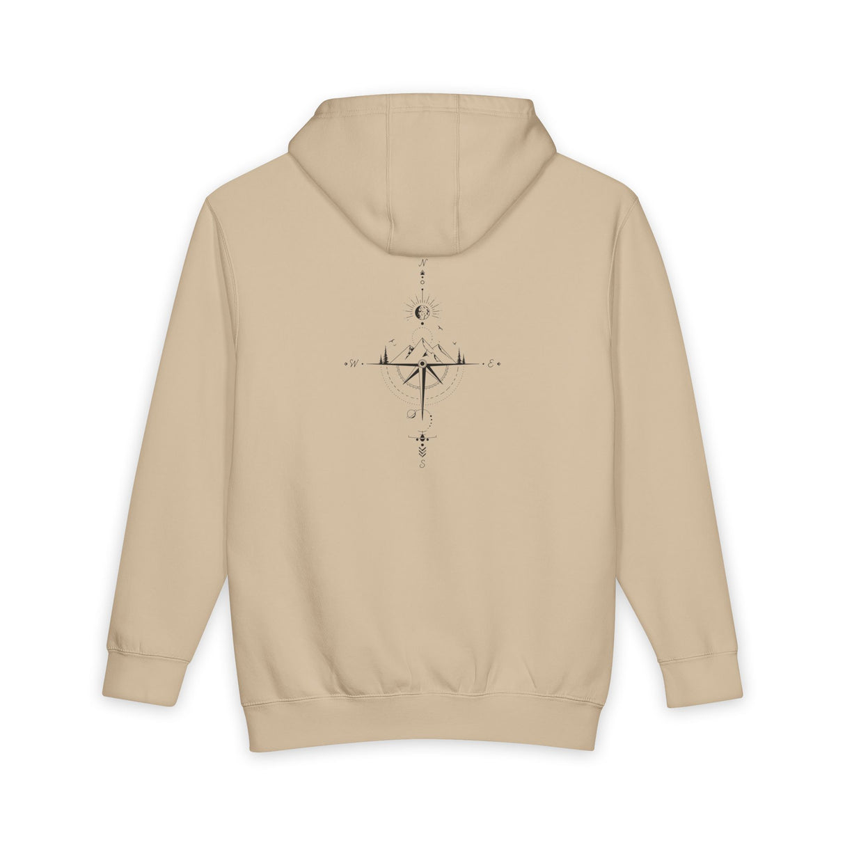 Minimal Compass Hoodie by Printify featuring a subtle nautical compass graphic on a comfortable pullover hoodie.