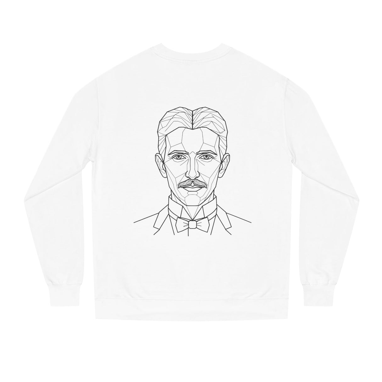 N. Tesla sweatshirt featuring the quote "Think in Terms of Energy, Frequency and Vibration" from the Visionaries Series, made by Printify.