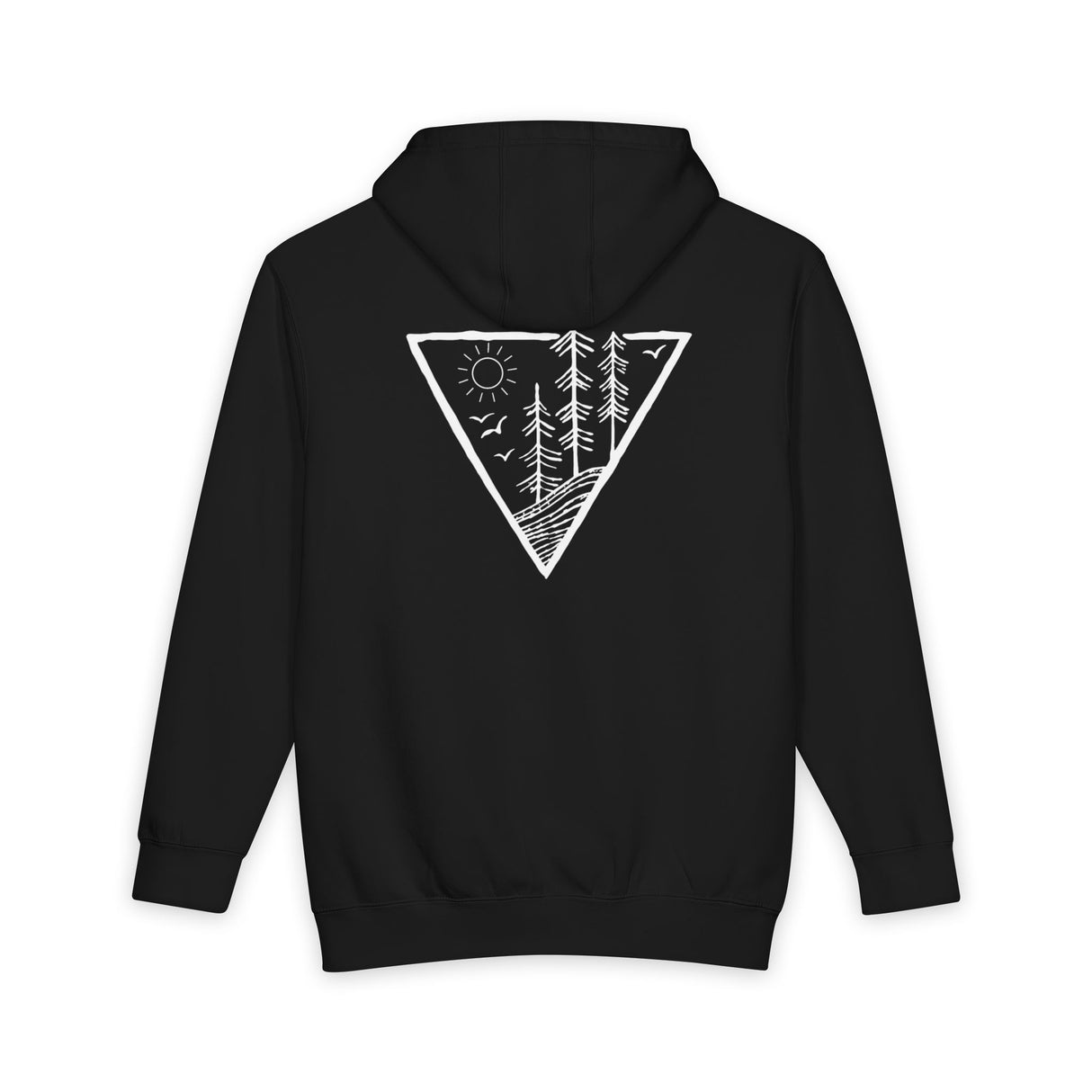 Black hoodie with a white geometric design on the back against a white background