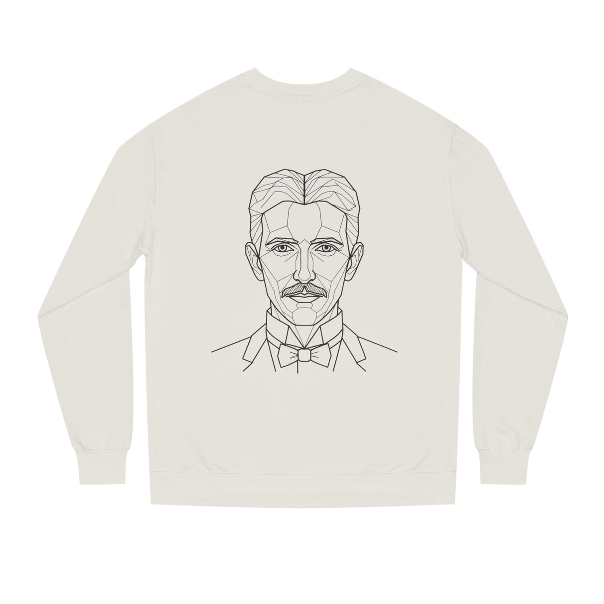 N. Tesla sweatshirt featuring the quote "Think in Terms of Energy, Frequency and Vibration" from the Visionaries Series, printed by Printify.