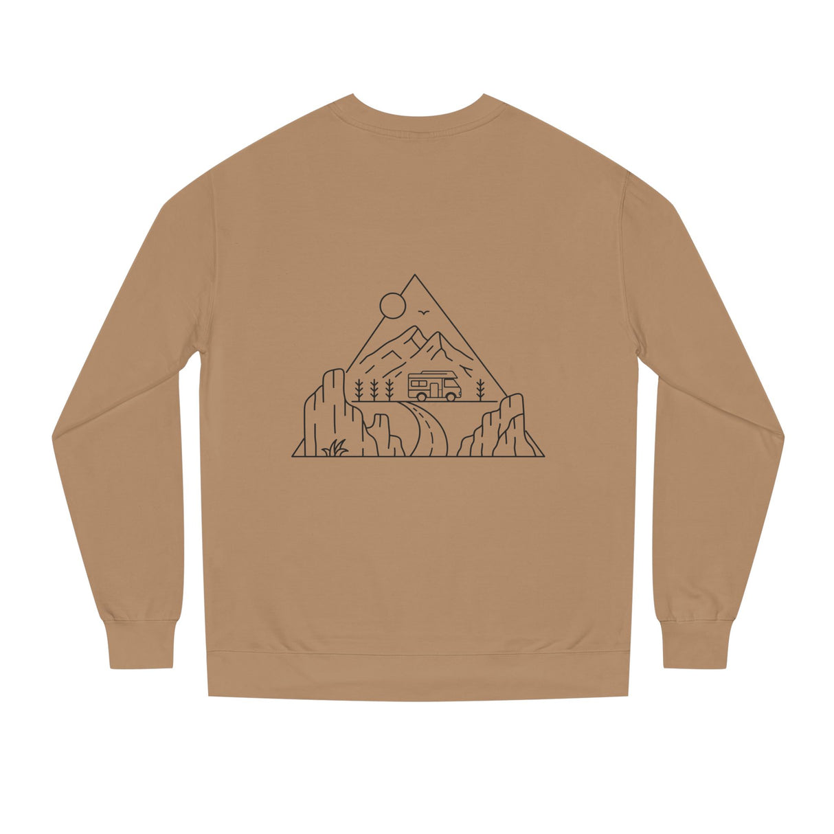 Printify Road Trip Sweatshirt from the Nature Series featuring the quote "Nowhere to Be. Everywhere to Go." in a cozy, casual fit.