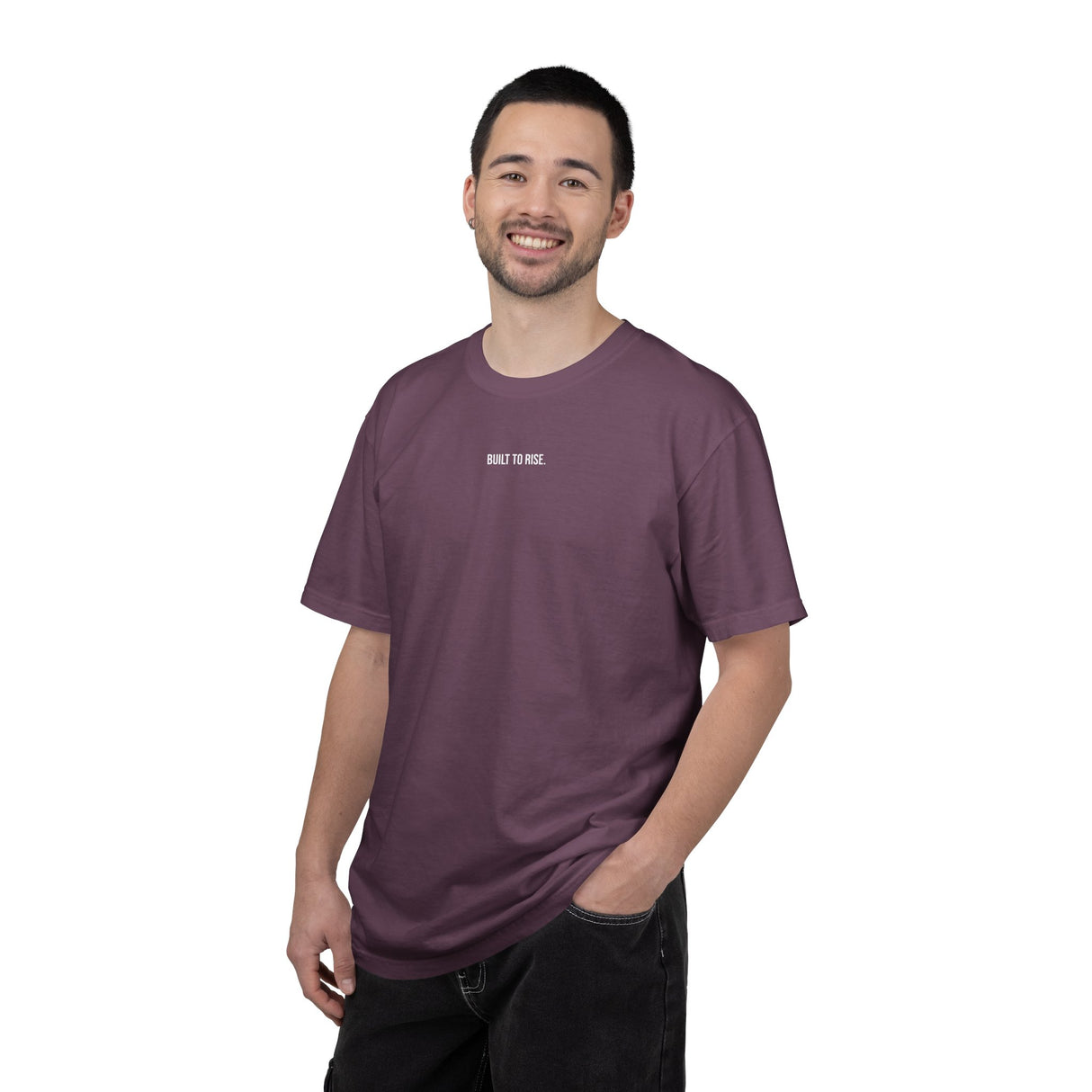 Black Peak Tee T-shirt from Printify's Nature Series with "Built to Rise" slogan, displayed on a plain background.