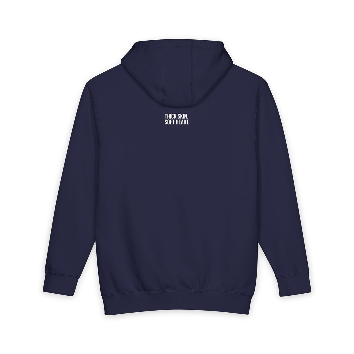 Gray elephant hoodie from Printify's Geometric Animal Series featuring the phrase "Thick Skin. Soft Heart." worn by a person.