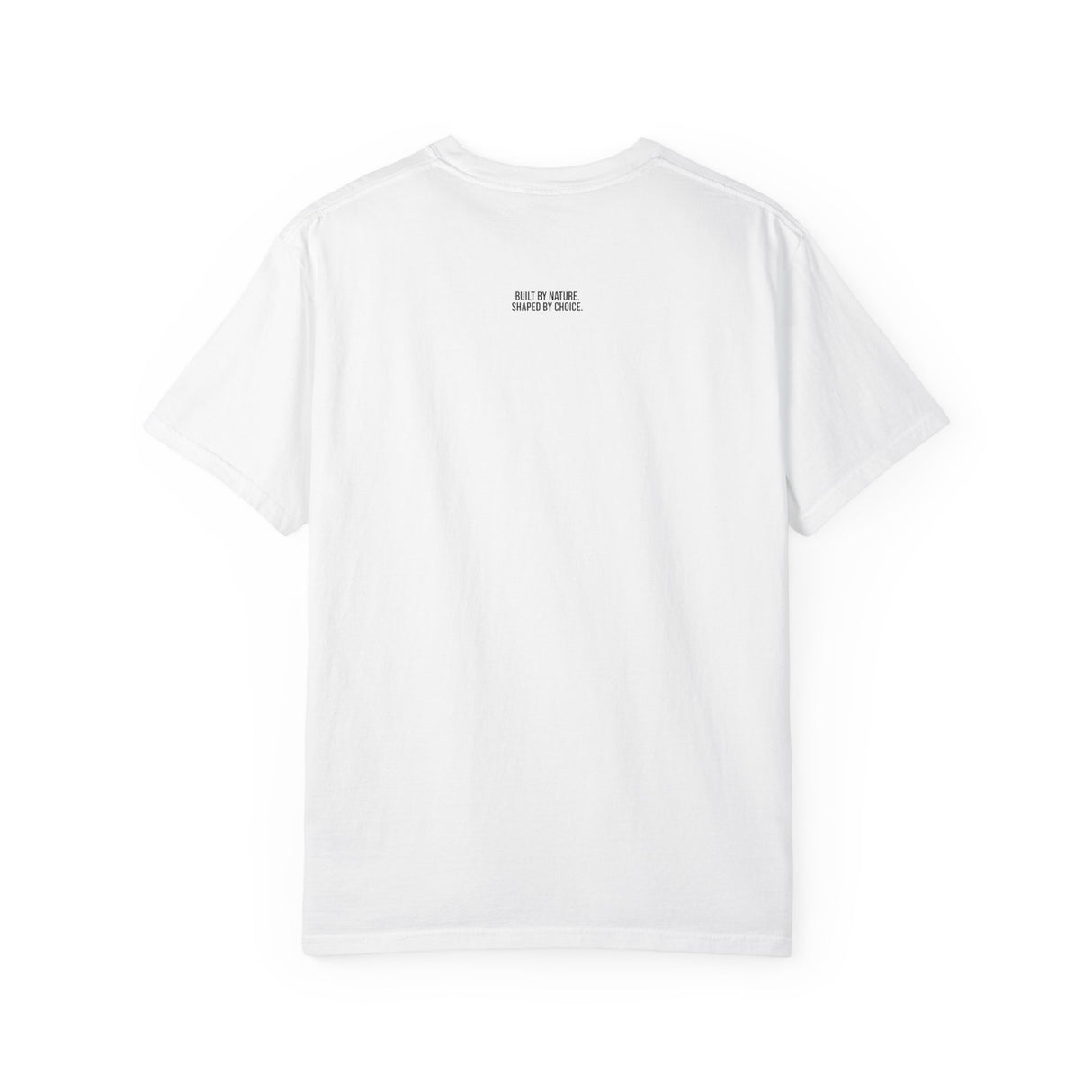 White t-shirt with a small black logo on the back against a white background