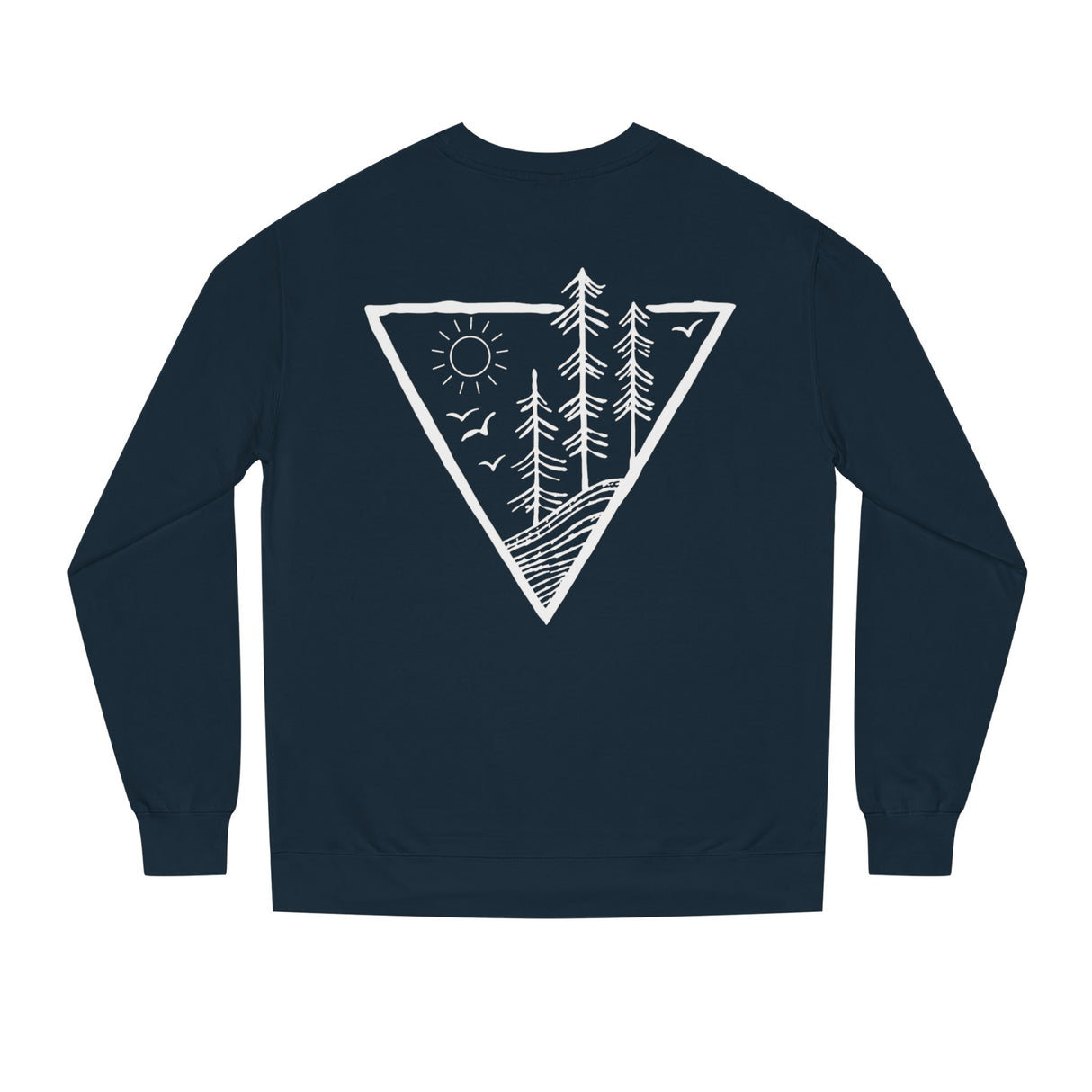 Forest Sweatshirt from Printify's Nature Series featuring "Deep Roots. High Rise." printed on a cozy, green-colored sweatshirt.