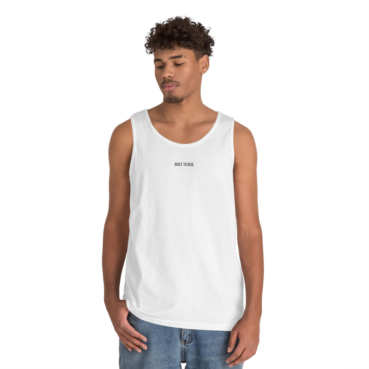 White Peak Tank Top from the Nature Series by Printify, featuring a fitted design and "Built to Rise" slogan on the front.