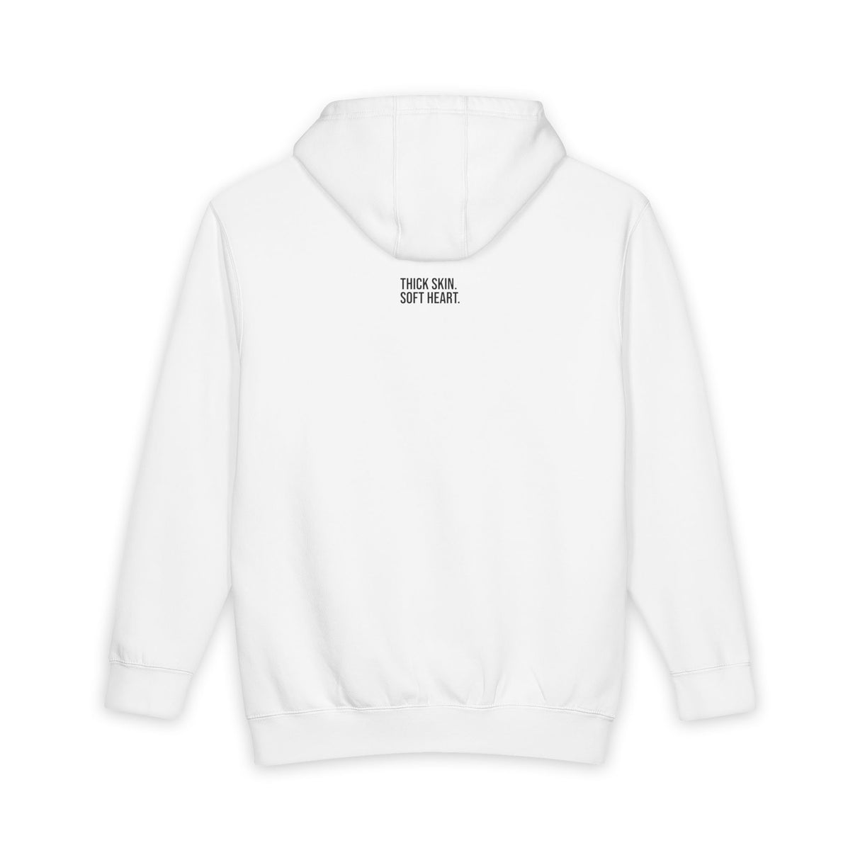 Gray elephant hoodie from the Geometric Animal Series featuring "Thick Skin. Soft Heart." by Printify, with a geometric elephant design.