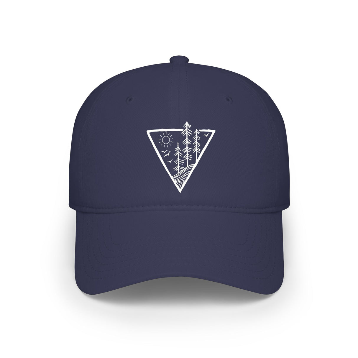 Forest-themed baseball cap from Printify's Nature Series with "Deep Roots. High Rise." logo, featuring a green leaf design.