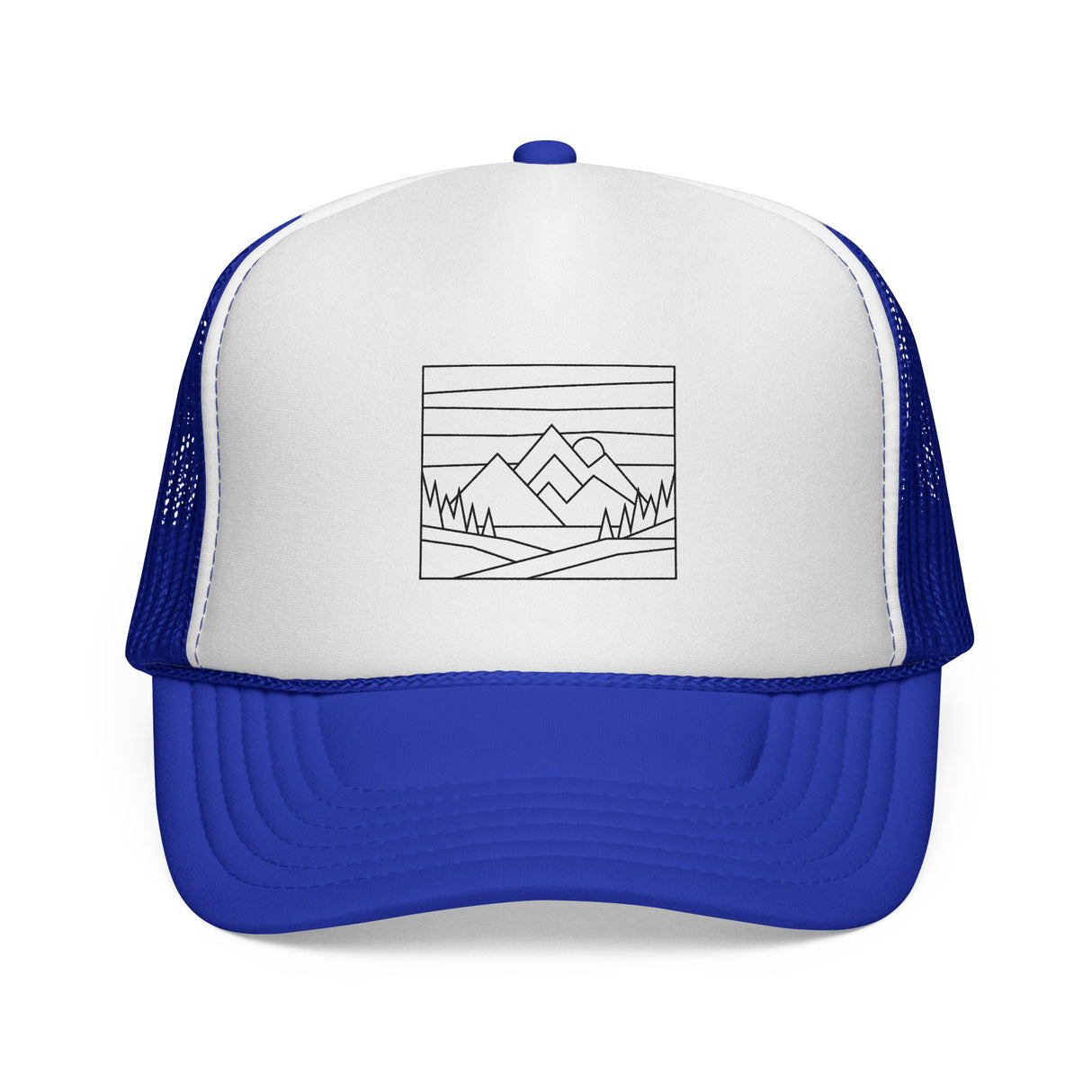 Printify Mountain Trucker Hat from the Nature Series featuring a "Built by Nature. Shaped by Choice." slogan on the front.