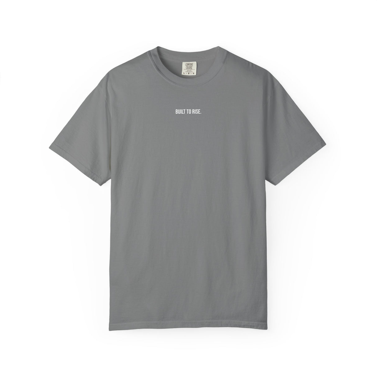 Black Peak Tee T-shirt featuring "Built to Rise" print from the Nature Series by Printify, displayed flat showing front design.