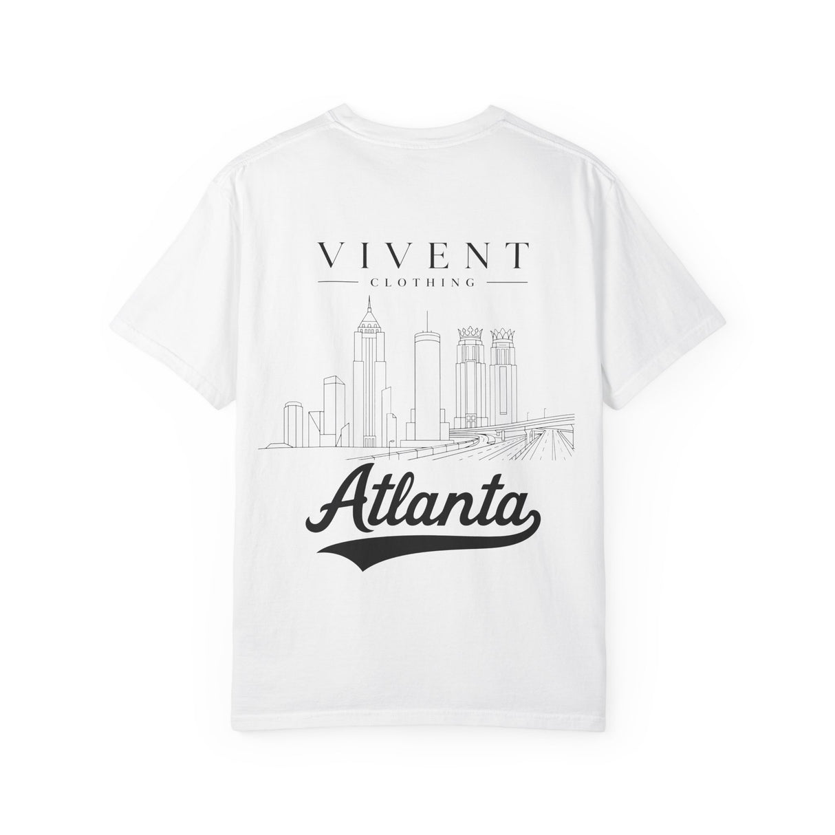 White t-shirt with 'Vivent Clothing' and 'Atlanta' text on a white background
