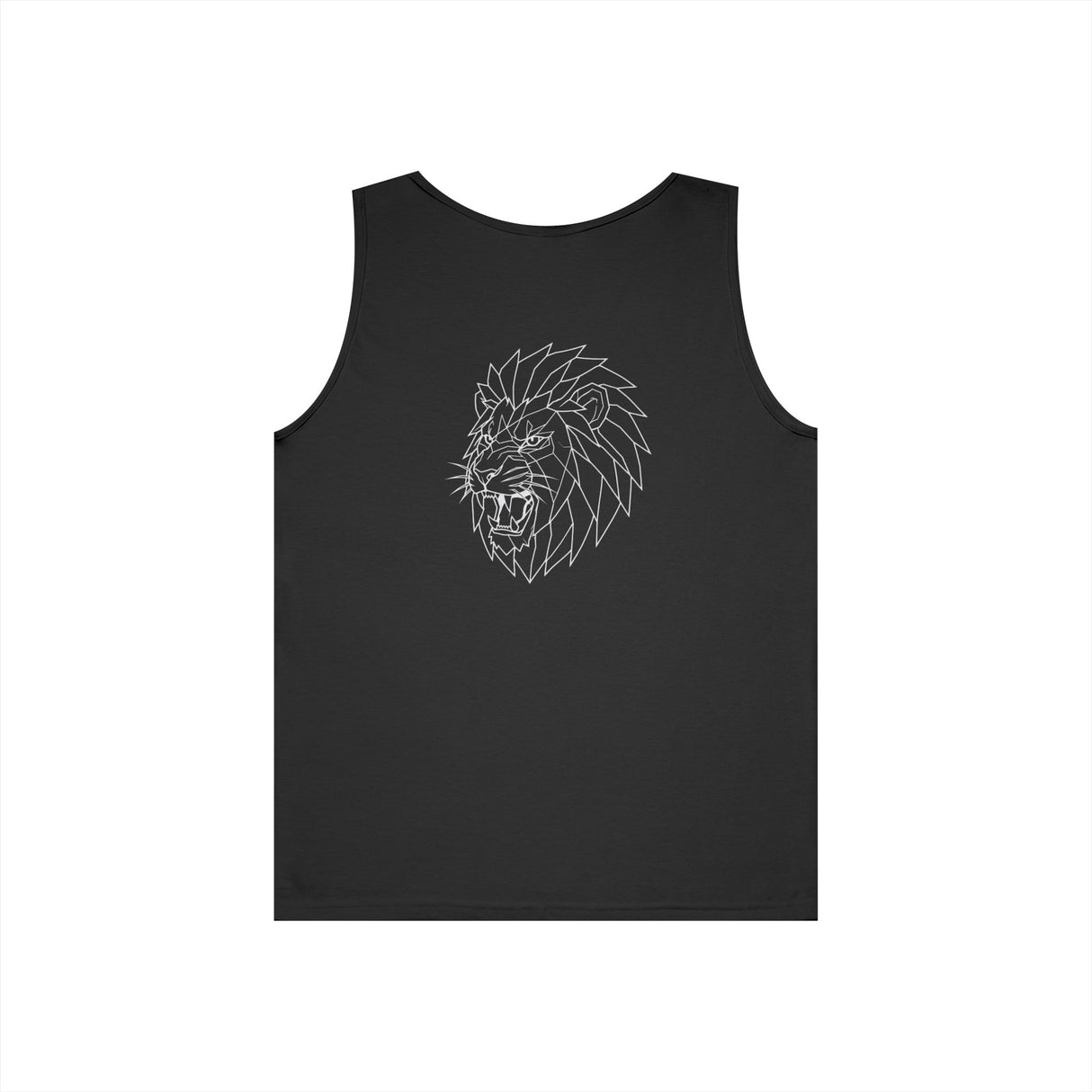 Lion Tank Top featuring geometric lion design and the quote "King Is a Standard. Not a Title" on a black fabric.