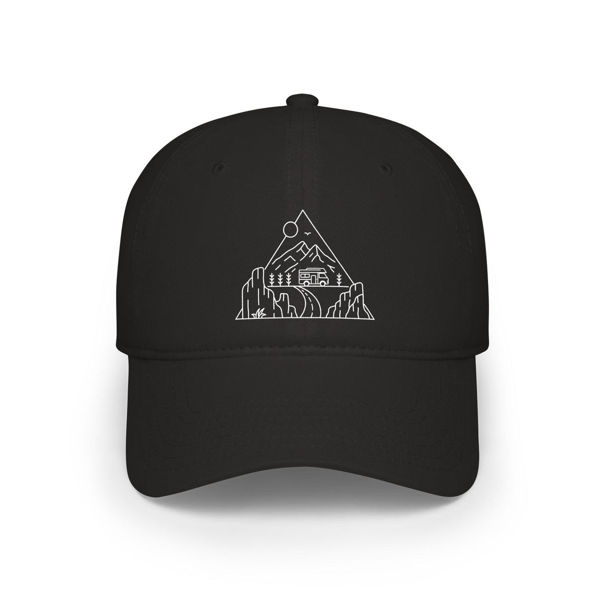Road Trip Baseball Cap by Printify featuring the "Nowhere to Be. Everywhere to Go." quote, part of the Nature Series, shown from the front.