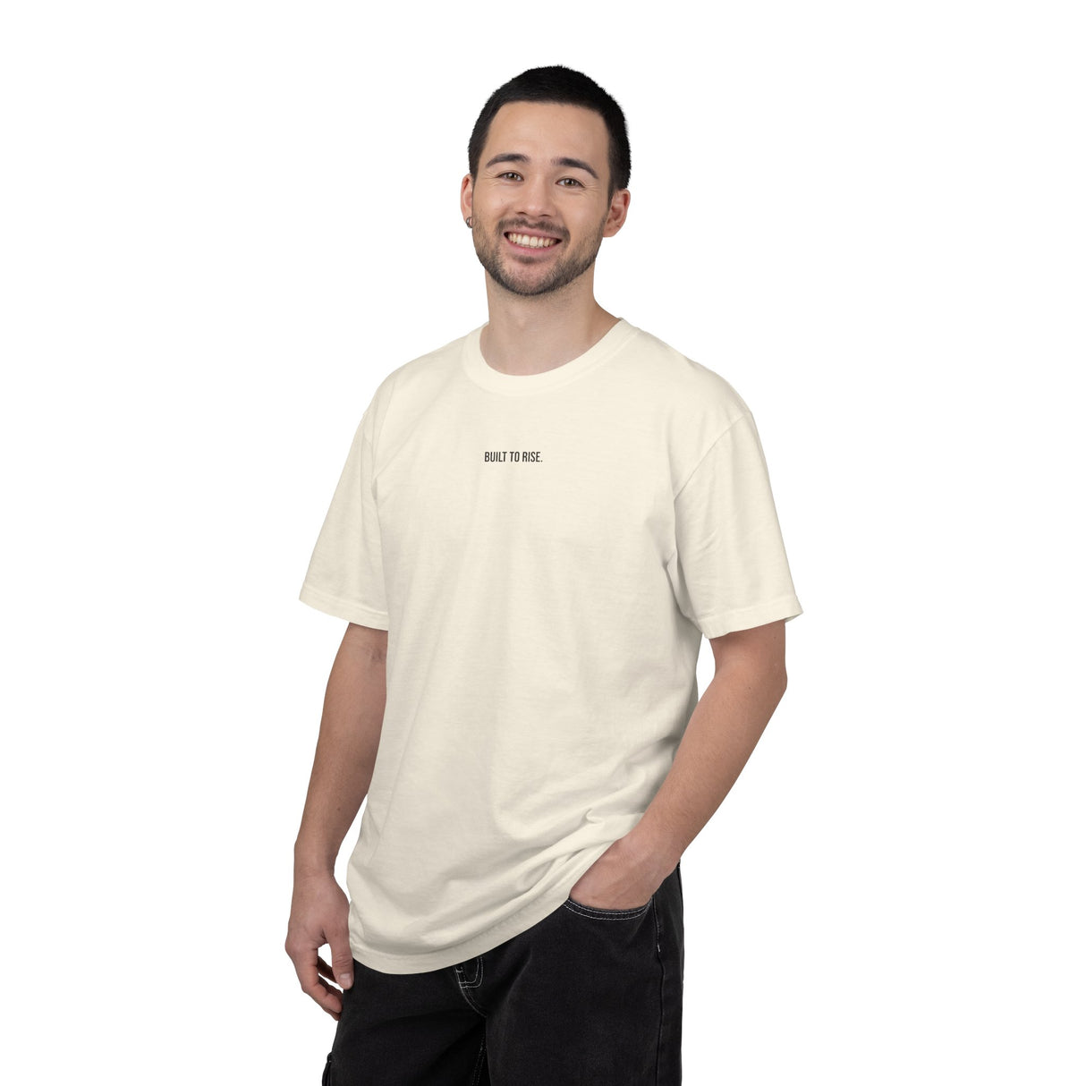 Black Peak Tee T-shirt from Printify's Nature Series featuring "Built to Rise" slogan on the front.
