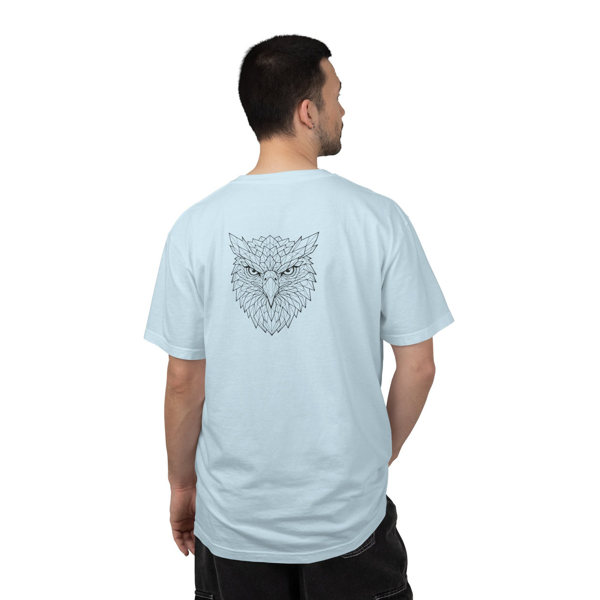 Eagle graphic T-shirt from Printify featuring geometric eagle design and the phrase "Rise Above Everything."
