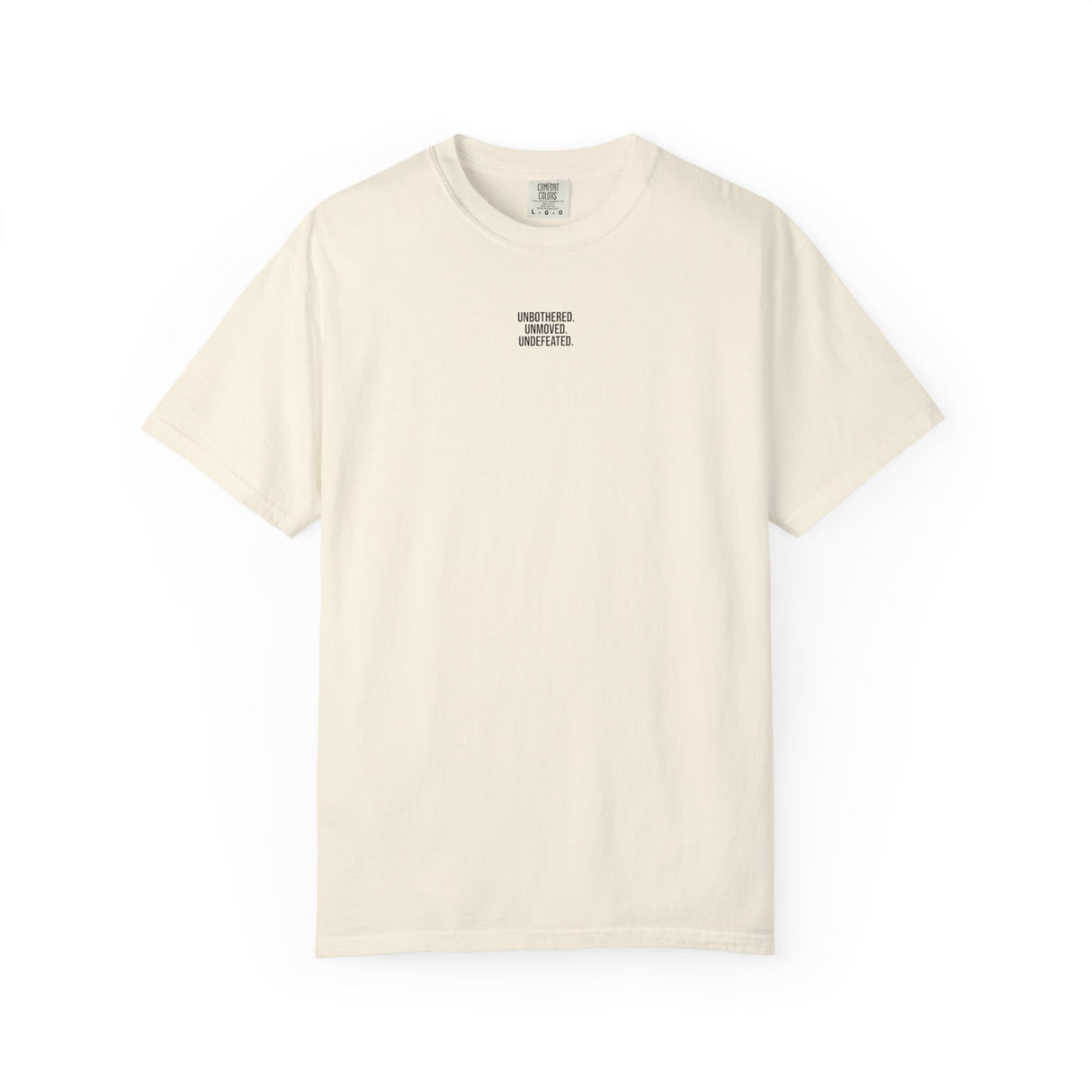 Gray Bear Tee from Printify's Geometric Animal Series featuring a bold "Unbothered. Unmoved. Undefeated." slogan on soft cotton fabric.