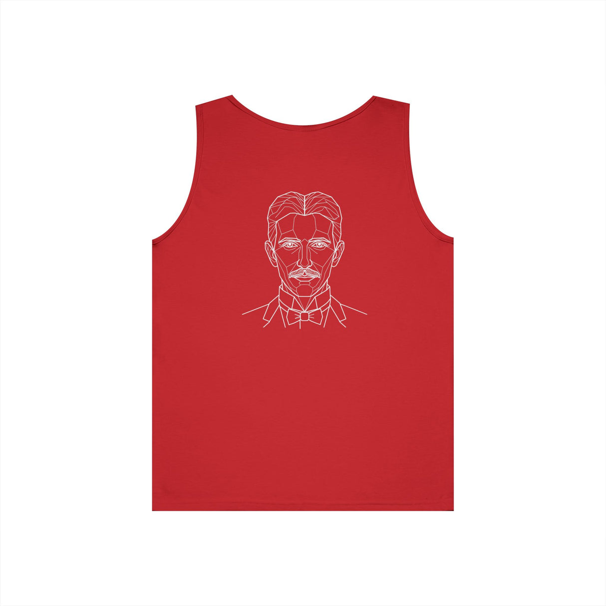 N. Tesla Tank Top by Printify featuring energy, frequency, and vibration quote from the Visionaries Series, shown on a casual tank top.