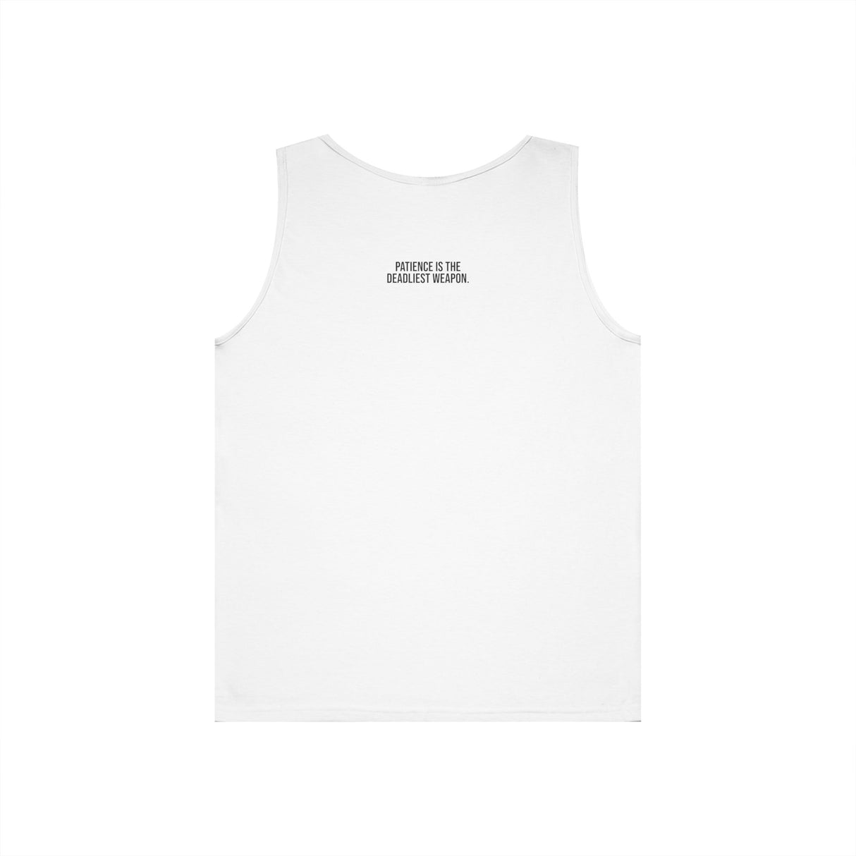 Gray Cobra Tank Top from Printify featuring geometric animal design and the quote "Patience is the Deadliest Weapon."