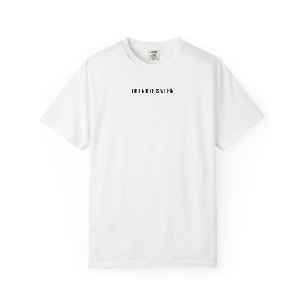 Printify Compass Tee T-shirt featuring "True North Is Within" design from the Nature Series, with a compass graphic on soft fabric.