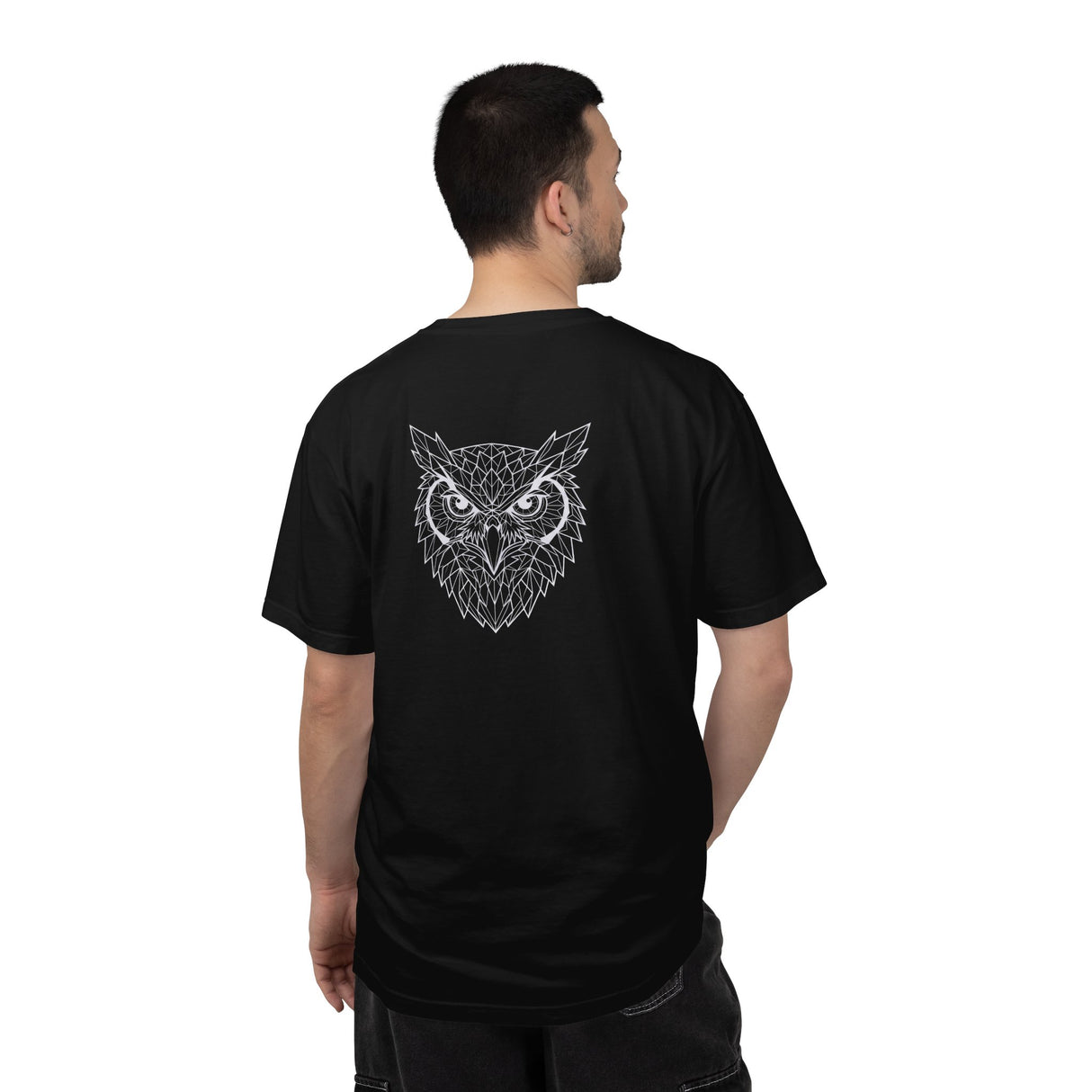 Gray owl graphic T-Shirt from Printify featuring geometric animal design and the quote "See Everything. Say Nothing."