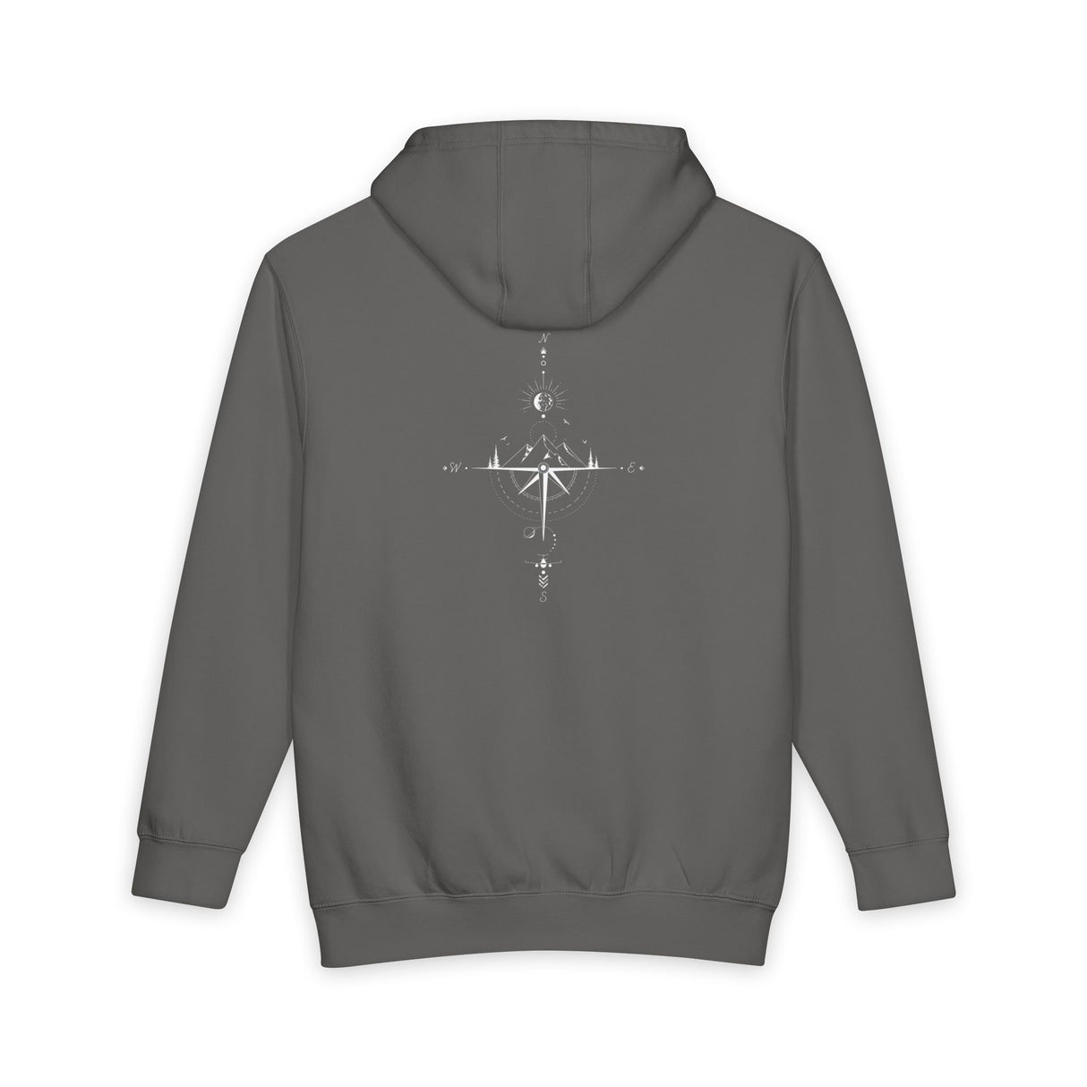 Gray minimal compass hoodie from Printify featuring a subtle nautical graphic on the front. Soft pullover for casual wear.