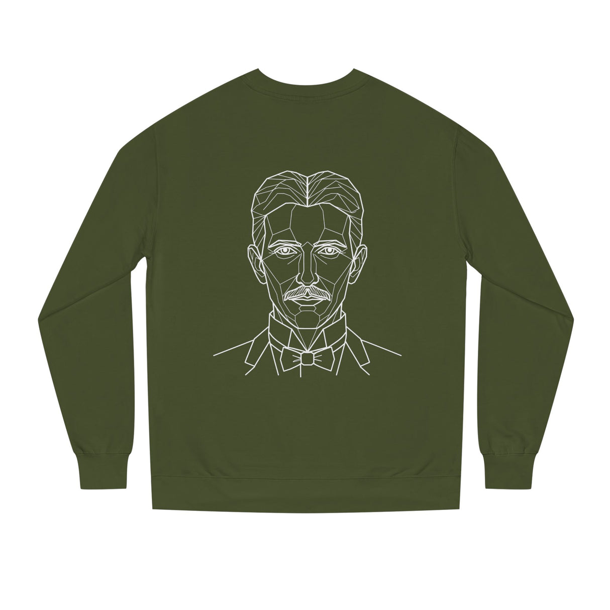 N. Tesla sweatshirt from the Visionaries Series by Printify featuring the quote "Think in Terms of Energy, Frequency and Vibration."