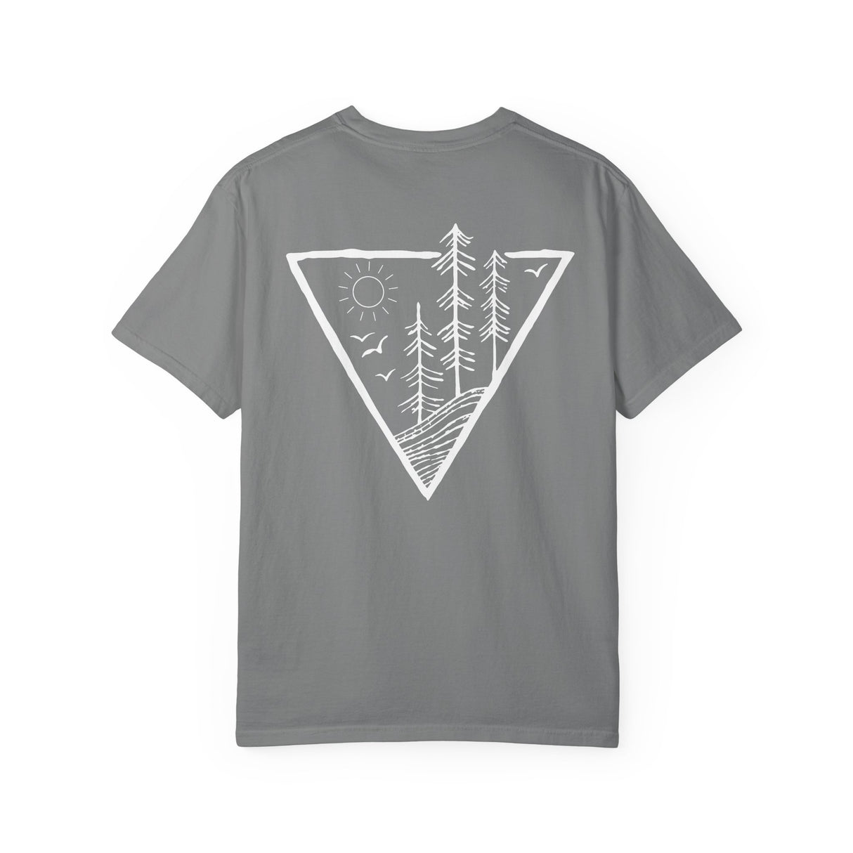 Forest Tee T-shirt featuring "Deep Roots. High Rise." Nature Series design by Printify, with a forest-themed graphic on the front.