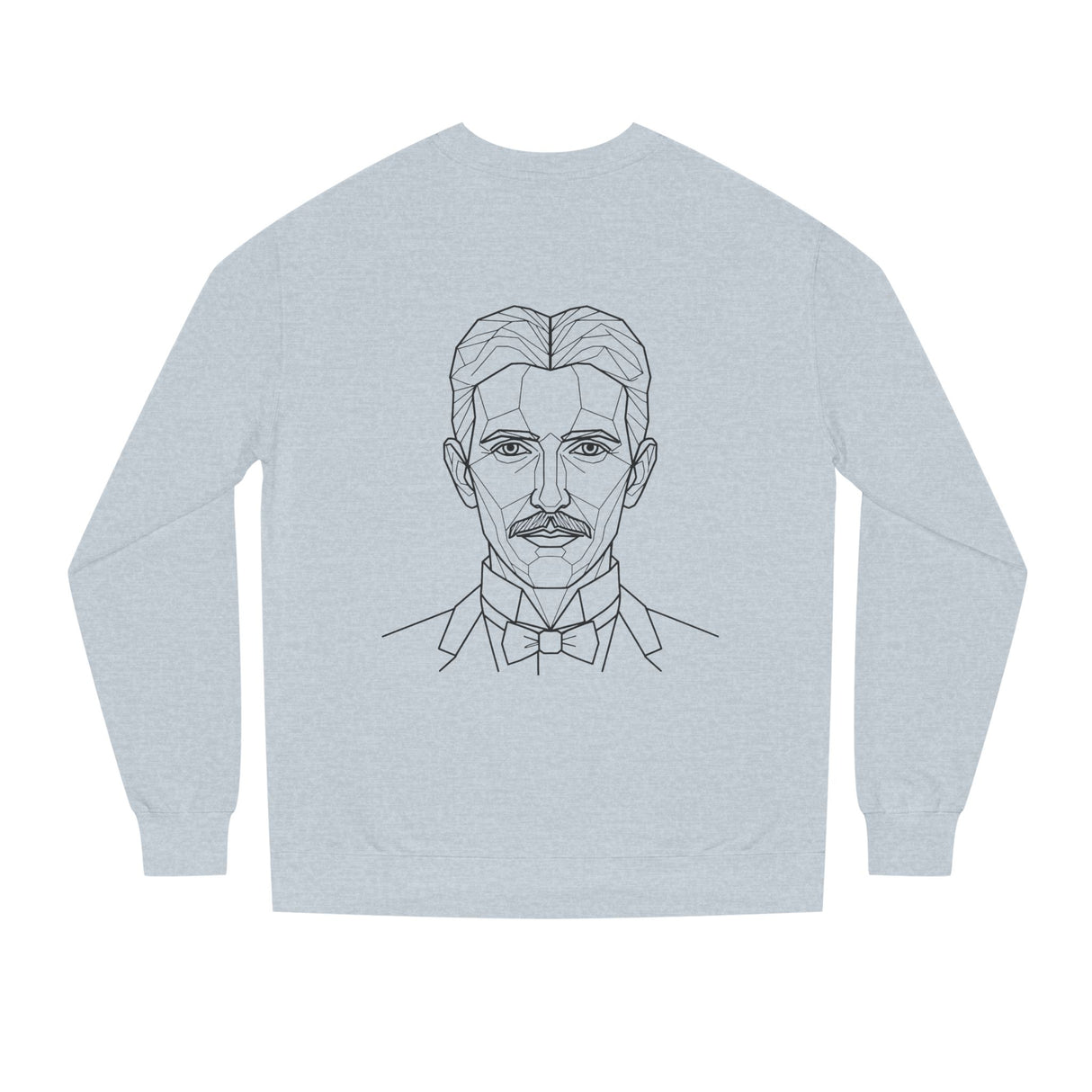 N. Tesla sweatshirt featuring "Think in Terms of Energy, Frequency and Vibration" slogan, from the Visionaries Series by Printify.