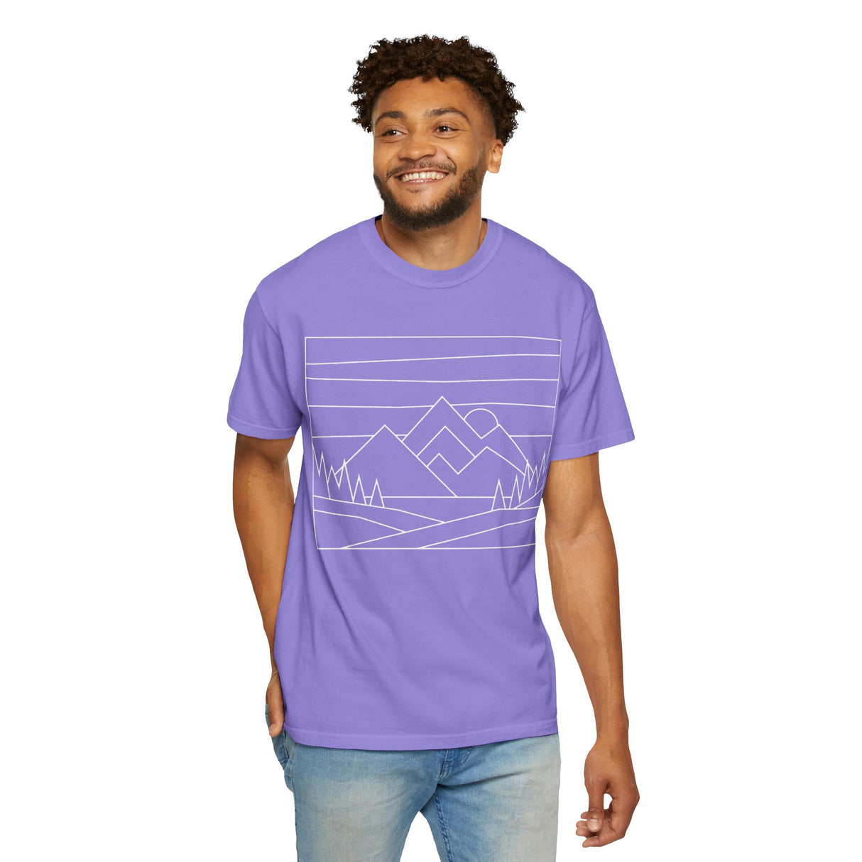 Green mountain-themed T-shirt from the Nature Series by Printify, featuring the "Built by Nature. Shaped by Choice." slogan.