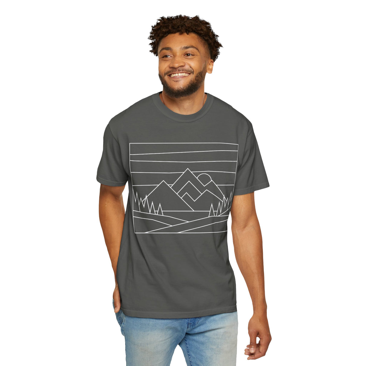 Printify Mountain Tee from the Nature Series featuring a mountain design and "Built by Nature. Shaped by Choice." slogan on a casual T-shirt.