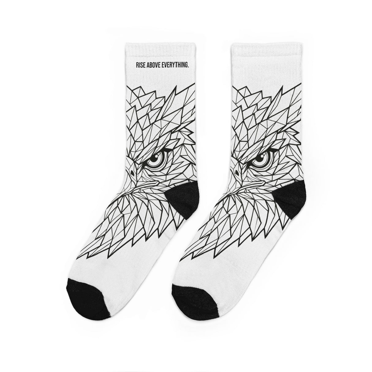 Eagle crew socks with geometric animal print design, featuring "Rise Above Everything" slogan, all-over print by Printify.