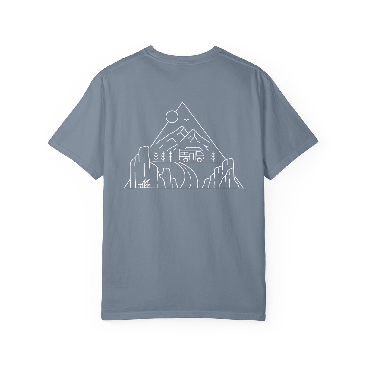 Gray Road Trip T-Shirt from Printify's Nature Series featuring the quote "Nowhere to Be. Everywhere to Go." on the front.