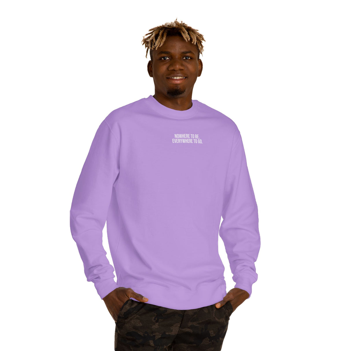 Printify Road Trip Sweatshirt from the Nature Series featuring the quote "Nowhere to Be. Everywhere to Go." on a cozy sweatshirt.