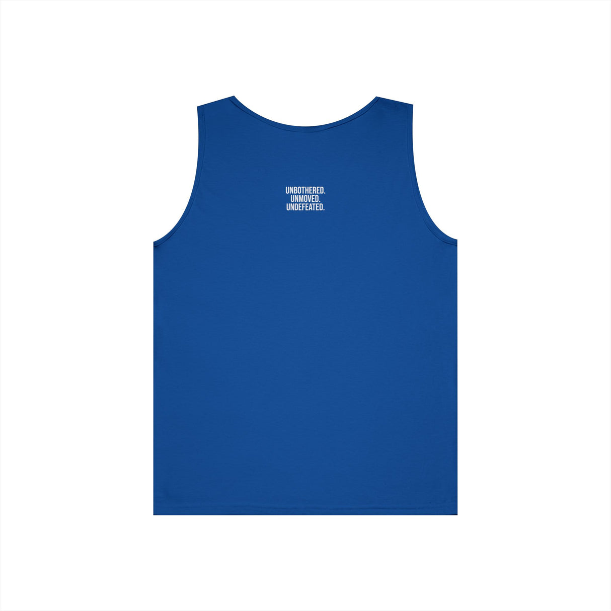 Gray bear tank top from Printify's geometric animal series with "Unbothered. Unmoved. Undefeated." design.