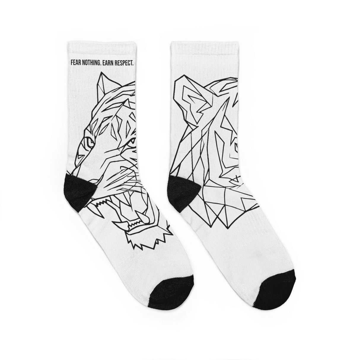 White socks with black geometric wolf design and text on a white background